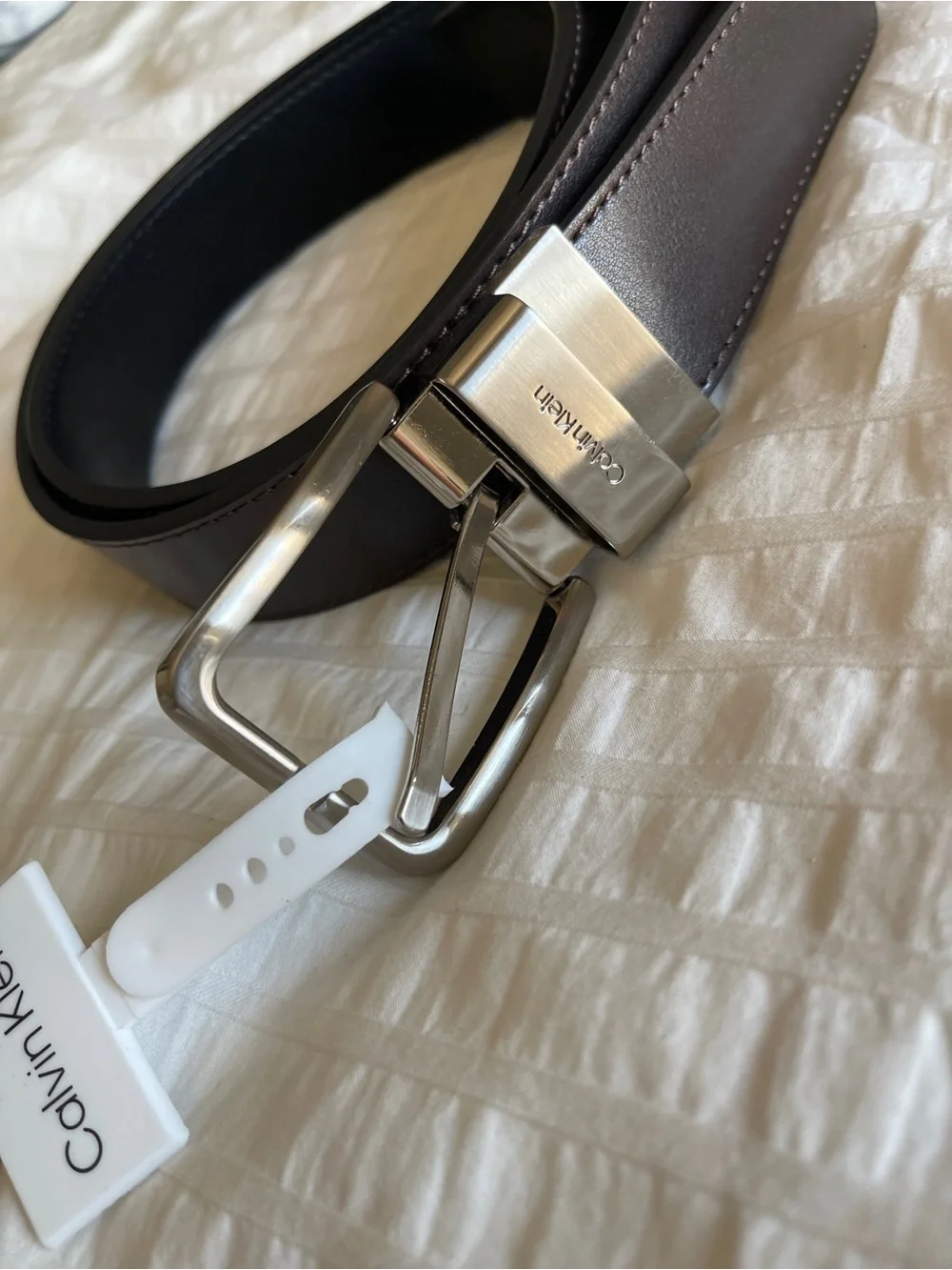Calvin Klein Men's Dark Brown Leather Reversible Belt with Silver Buckle